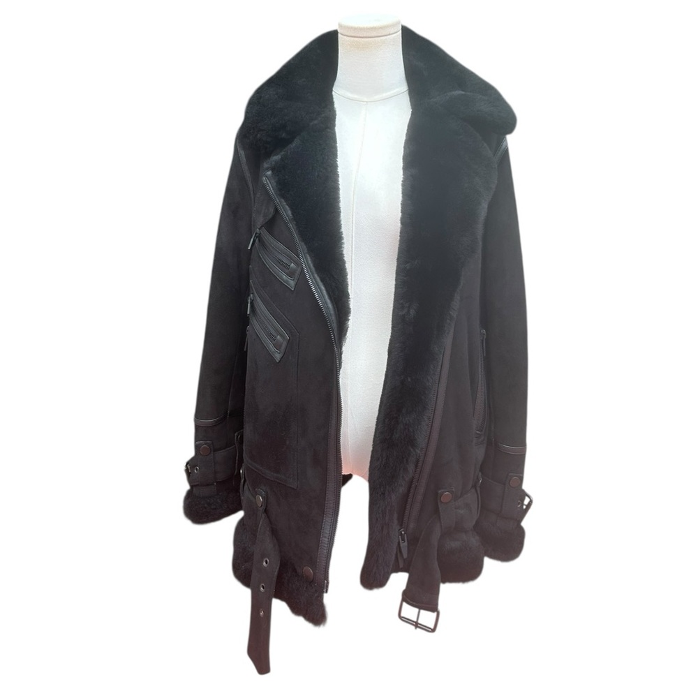 The Arrivals Moya Oversized Shearling Black Suede Moto Jacket Size Small - Picture 11 of 15